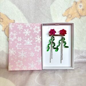 NEW Betsey Johnson Holiday Ribbon Bow Rhinestone Dangle Drop Festive Earrings